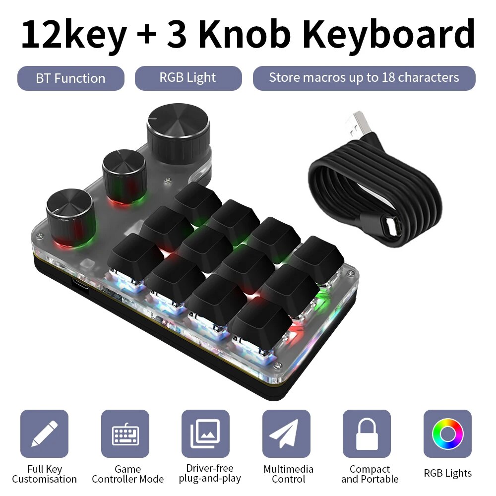 Gaming Keyboard Mini Mechanical - Bluetooth Programming Macro Custom 3 Knob
